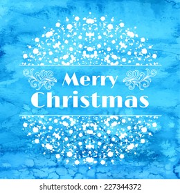 Blue background.  Vector watercolor Christmas card. Typography.