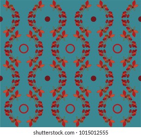 blue background with vegetative ornament branches of barberry with red berries, wallpaper, print on fabric, paper for decoration