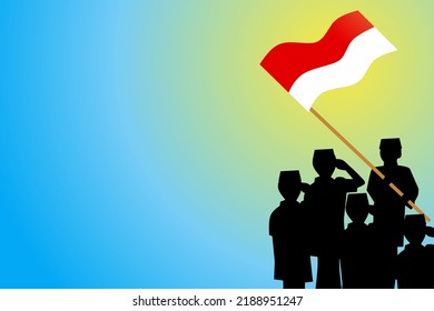 Blue background wallpaper. Flat icon illustration people in silhouette doing flag ceremony. Respet to red and white flag (Indonesian National flag). Indonesia Independence Day at August, 17th.