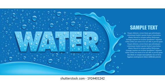 blue background with water splash and many fresh water drops.Place for your text	
