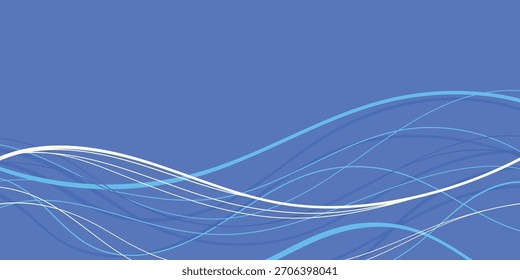 Blue Background with Wave Colorful Lines . Smooth flowing curves, elegant abstract motion lines and multicolored waves. Modern design. Perfect for media, posters, banners, cards and web.