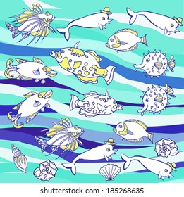 Blue Background with waves and  fishes.