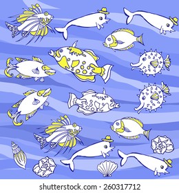 Blue Background with waves and  fishes.