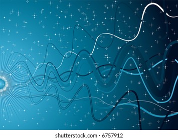 blue background with wavy lines going into an exploding star