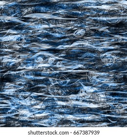 Blue background. Wavy lines and and hand drawn strokes. Seamless texture for wrapping paper, home decor, fabric.