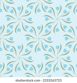 A blue background and wheels of blue tulips are geometrically placed to create this seamless repeat pattern design.