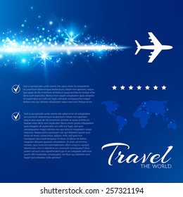 Blue background with white airplane & shining stripe.  Vector illustration