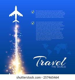 Blue background with white airplane & shining stripe.  Vector illustration