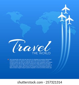 Blue background with white airplanes.  Vector illustration