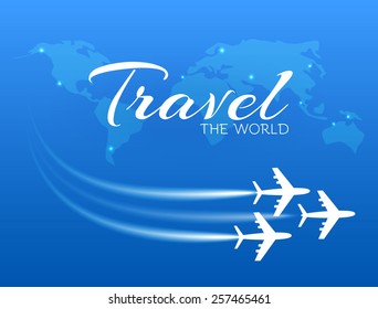 Blue background with white airplanes.  Vector illustration