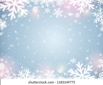 Blue  background with white blurred snowflakes, vector illustration