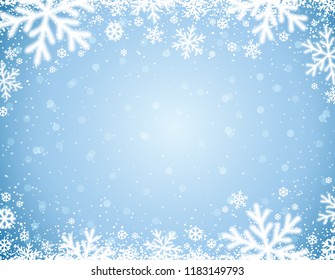 Blue  background with white blurred snowflakes, vector illustration