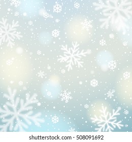 Blue  background with white blurred snowflakes, vector illustration