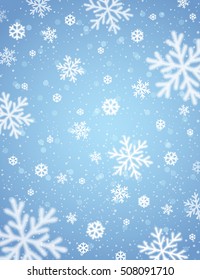 Blue  background with white blurred snowflakes, vector illustration