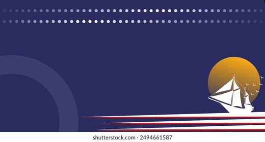 A blue background with a white boat on it. The boat is sailing on the ocean
