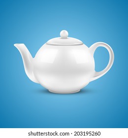 Blue background of White ceramic teapot. Vector illustration.