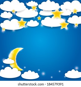 Blue background with white clouds, stars and moon rising. Vector 