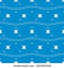 Fondo azul y cruces, puntos y olas blancas. Vector.