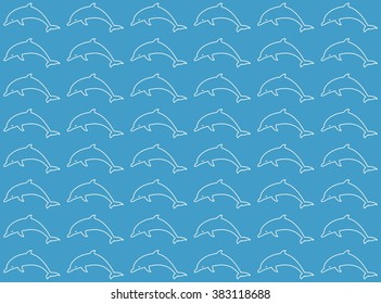 Blue background with white dolphin leaping dolphins in a row and one below the other on a blue background