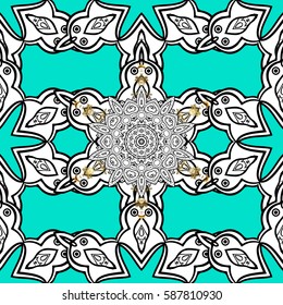 Blue background with white elements. Oriental style arabesques. Vector white pattern. Vector illustration. Seamless white textured curls.