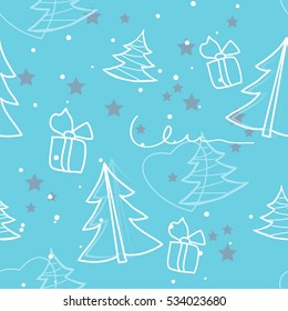 blue background with white fir trees, blue stars and snow. Christmas seamless vector background.