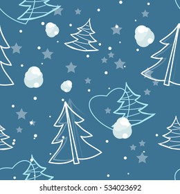 blue background with white fir trees, blue stars and snow. Seamless Christmas Background