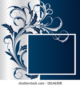 Blue  background with  white frame from abstract branch  and leaves