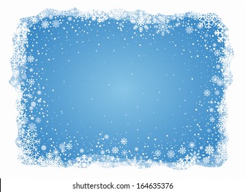 Blue background  in white frame with snowflakes, vector pattern