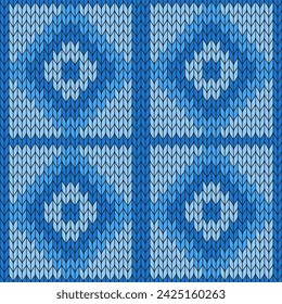 Blauer Hintergrund und weißes Herz gestrickt Muster. gestrickte Vektor-Muster. Nahtloses Farbverlaufsmuster für Kleidung, Wickelpapier, Hintergrund, Hintergrund, Geschenkkarte.
