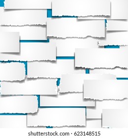 Blue background with white pieces of torn paper. Vector illustration paper texture
