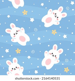 blue background with white rabbit with stars kawaii style, cute animals kids seamless pattern pajama design, white little bunny fabric and textile childish print