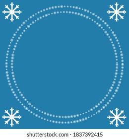 Blue background with white snowflakes, round frame. Poster, post, banner, template, snow. Vector illustration.