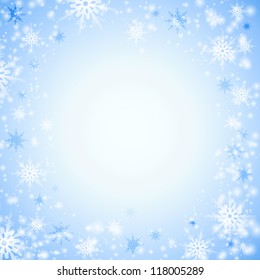 Blauer Hintergrund mit weißen Schneeflocken. Schneeflocken Muster auf Blau für Hintergründe. Weihnachtsmusik auf Weihnachten. Vektorgrafik.
