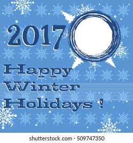 Blue background with white snowflakes and the text Happy Winter Holidays written in dark blue