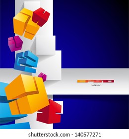 blue background of white squares  with colorful abstract cubes