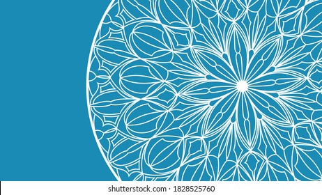 Blue background with a white thin elegant lace pattern. Vector wallpaper with mandala. Circle with a pattern.