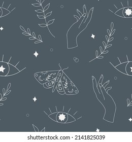 Blue background witch hand leaves moth eyes vector seamless pattern for fabric textile digital paper wrapping, celestial abstract simple boho ornament, magical print backdrop esoteric illustration 