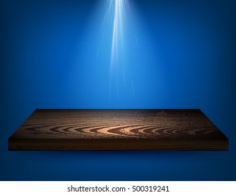 Fondo azul con repisa de madera y contraluz. Ilustración vectorial.