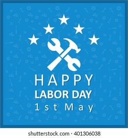 Blue background wrench and hammer labor day pattern background card design, vector illustration