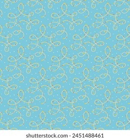 Blue background with yellow decoration for holidays. Confetti, paper spirals and glitter. Filling the space. Joy and fun. Congratulations design