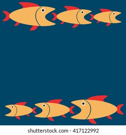 Blue background with yellow fishes. Cartoon characters. Vector Illustration.