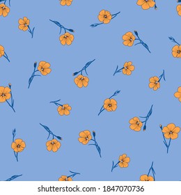 Blue background with yellow flowers. Small floral vector pattern for fabric and Wallpaper.