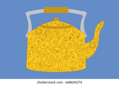 Blue background with a yellow kettle with spiral ornament. Retro style.