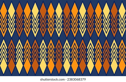 blue background with yellow orange diamond strip, chevron, Thai traditional fabric print repeat seamless patter