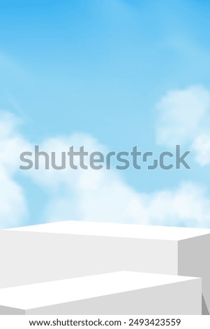 Blue Background,Abstract Platform 3d White Podium stage stand over sky,white cloud,Minimal Display step for Summer Cosmetic,Spa Product Presentation,Vector Banner Design Scene for Winter sale