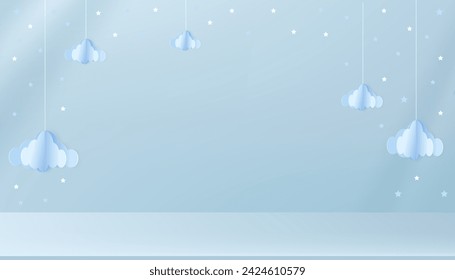 Blauer Hintergrund, Baby-Jungen-Duschkarte, Studio-Wandraum mit Sternen am blauen Himmel, Vektor-Illustration Minimale Hintergrund Nette Papierkunst mit Kopierraum für Babyfotos