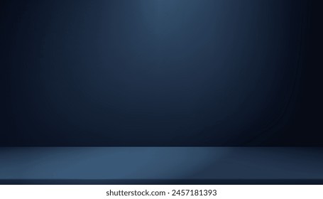 Fondo azul, habitación de estudio vacía con foco, sombra en el piso. Fondo Galería azul marino oscuro con pantalla de podio 3d, Vector Diseño mínimo para la presentación de productos para Navidades, Nuevo año, promotor de invierno 