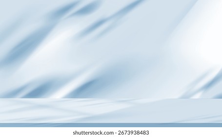 Blue Background,Minimal light blue backdrop and soft light,shadow leaves on stage platform.Vector Studio background for Winter product display,Modern mockup template,Advertising presentation banner