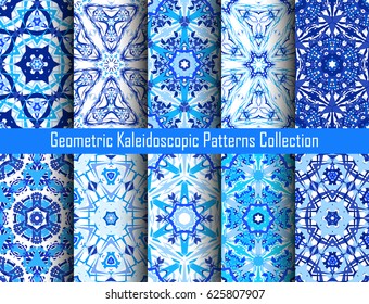 Blue backgrounds. Geometric flower seamless patterns. Abstract mandala graphic print. Psychedelic design elements for wallpaper, scrapbooking, fashion fabric, decorative pillows. Vector illustration.