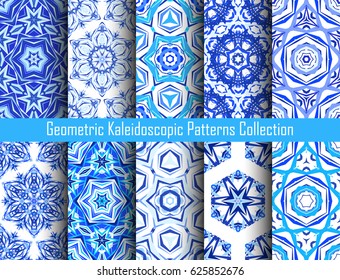 Blue backgrounds. Geometric flower seamless patterns. Abstract mandala graphic print. Psychedelic design elements for wallpaper, scrapbooking, fashion fabric, decorative pillows. Vector illustration.